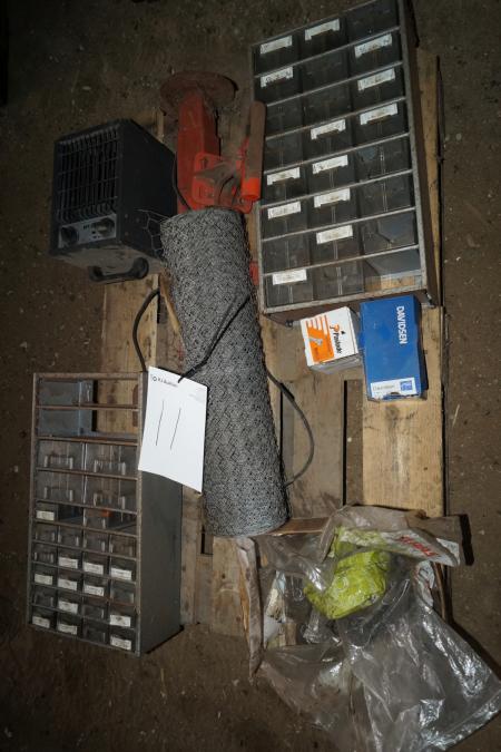 Pallet with various bolt rack, coffee grinder, wire mesh, 2 W electric heater.