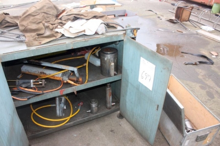 Steel cabinet and wooden box with hydraulic machine jacks