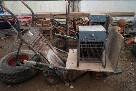 Fan heater, stone cart, and stone pallet truck.
