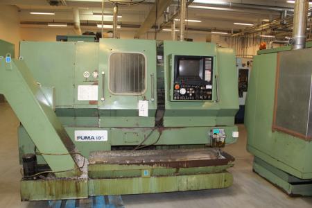 CNC lathe PUMA 10 S with Fanuc control bore 60 mm. Working length 700-1000 mm total length 3200 mm with chip conveyor with 1.6 m ribbon