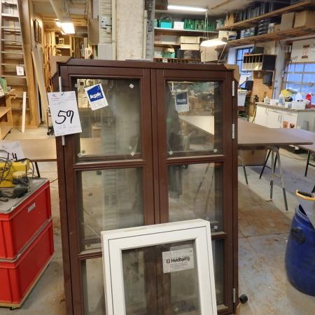 2 wood windows with rescue openings 104.5 x 158 x 12 cm. 1 piece. plastic 59 x 74 x 12 cm