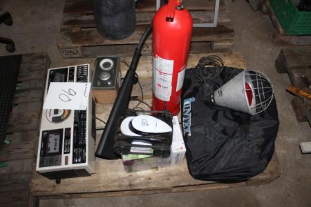 Pallet with fire equipment, radios, heat lamp, etc.