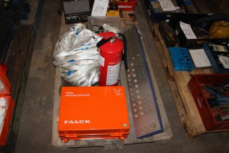 Pallet with lifting straps + first aid kit + fire equipment