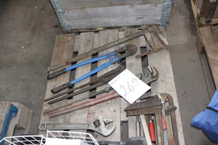 Pallet with clamps + pipe wrenches + bolt cutters, etc.