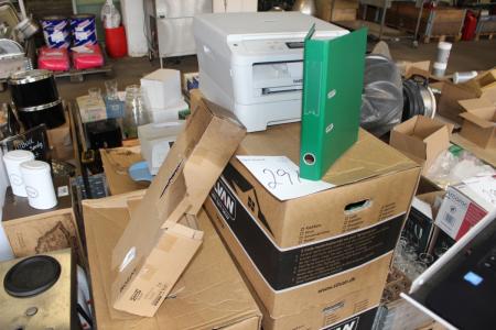 Pallet with various office supplies blah. 2 boxes binder Brother copier without cable