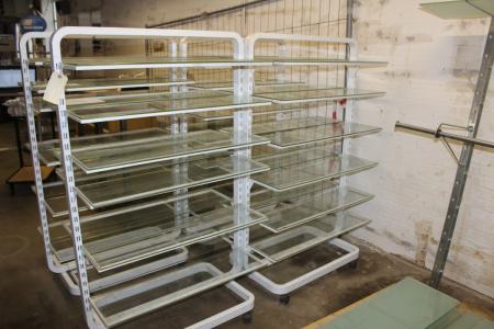 2 pcs. racks on wheels with 6 glass shelves on both sides