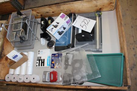 Pallet with various office supplies cutting machines + tape dispensers + LAFs + receipt rolls, etc.