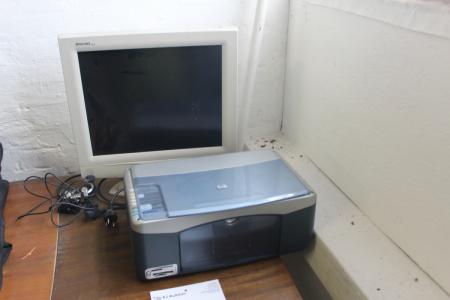 PC Monitor + Scanner HP psc 1350 without cable + box of mobile covers and stickers