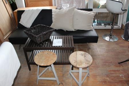 Sofa with table and two stools + pillows and blanket