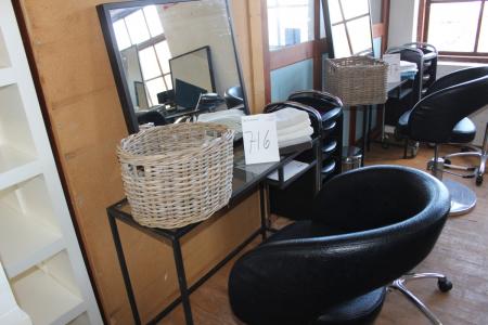 Barber Chair with foot pedal marked. Lotus + steel table with glass + mirror + drawers on wheels + stool on wheels