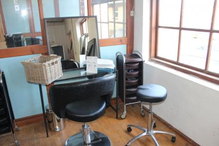 Barber Chair with foot pedal marked. Lotus + steel table with glass + mirror + drawers on wheels + stool on wheels
