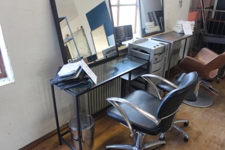 Barber Chair with foot pedal + steel table with glass + mirror + drawers on wheels + stool on wheels