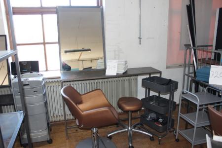 Barber Chair with foot pedal marked. AGV Group + steel table + mirror + drawers on wheels + stool on wheels