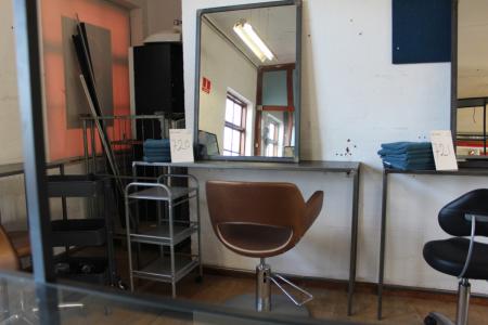 Barber Chair with foot pedal marked. AGV Group + steel table + mirror + small bookcase on wheels