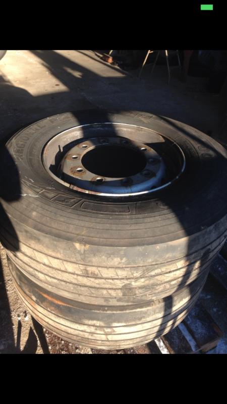 2 pcs. used wide truck rims with tires for Scania, Volvo and others.