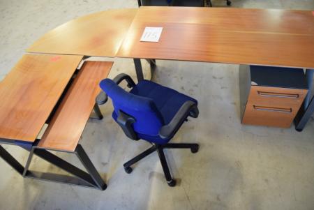 Kirsebær skrivebord med sidebord/skuffer, kontorstol 