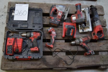 Various drills, jig saw, circular saw, etc. + 2 batteries and 2 chargers