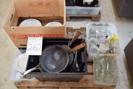 Pallet with div. Plates, frying pans, glasses, bowls, etc.