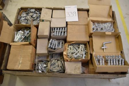 Pallet with various hinges, handles, IPA Locking plates, handles, etc.