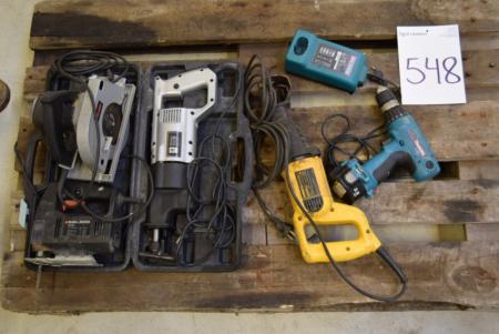 Misc. Power tools, circular saw, jig saw, reciprocating saw, drill makita cordless 12v, able ok
