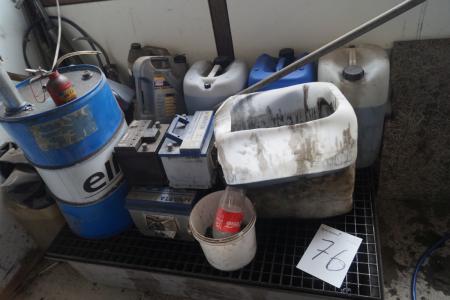 Various chemicals + batteries in the corner + oil base barrel.