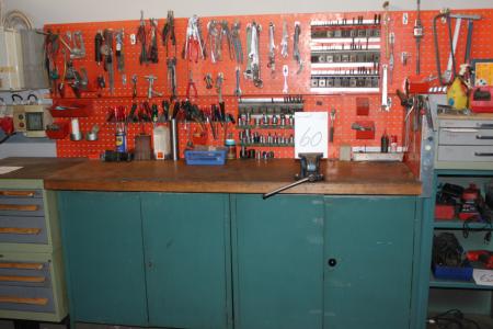 2 steel cabinet with table top and screw + tool board with hand tools, drill, thread tool, etc.