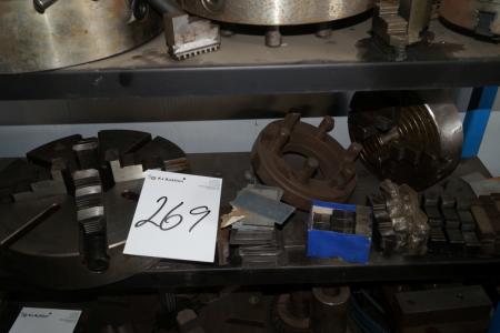 Content on shelf 3 claw and 4 clocks for lathe