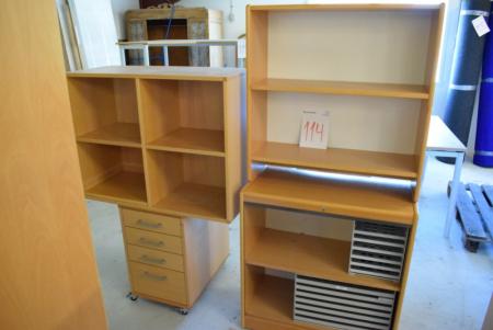 Shelf m. 2 shelves 83 x 85 cm + m filing cabinet. Tambour door 83 cm x 87 + rack m. 4 boxes 94 cm x 73 + trolley m. 4 drawers