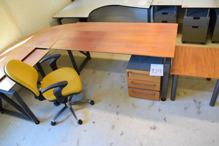 Kirsebær skrivebord med sidebord/skuffer, kontorstol + lille ekstra bord