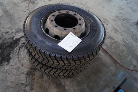 2 pcs cargo tire with rims almost 100 pct. Tire pattern 275 / 70R22.5 Winter tires.10 hub holes with 80 mm spacing.