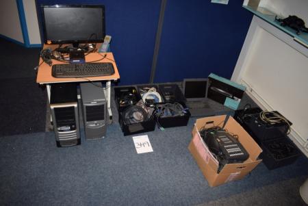 Various computer equipment, monitor, keyboard, cables, etc.