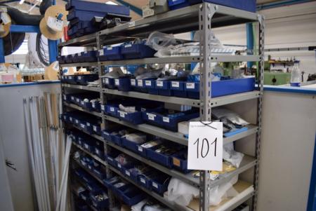 Shelf + 1 2 containing, div. Electric components, light bulbs m m., Fluorescent lamps and blue boxes on floor