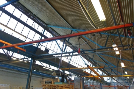 Demac 125 kg kranskinner monteret i loft. Assorteret længder optil ca 15 meter i alt ca 14 skinner 