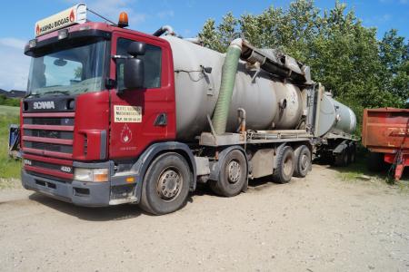Truck pull Scania model R slurry trailer 8/3/2001 km 375184. weight total 32 tons load 15800 equipment 20000 liter gall tank mm. + Hangs Tranders Year 21/6/1989 sight 26/01/2017 weight total 16000 kg load 10650 kg equipment pour tank with pump.