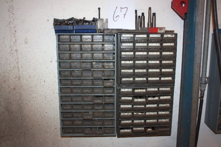 (2) assortment boxes on wall with content: various drills and more