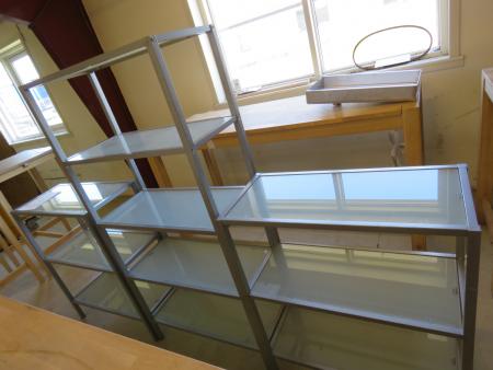 3 pieces of shelves with glass plates. 74x35x90 cm and 74x35x150 cm