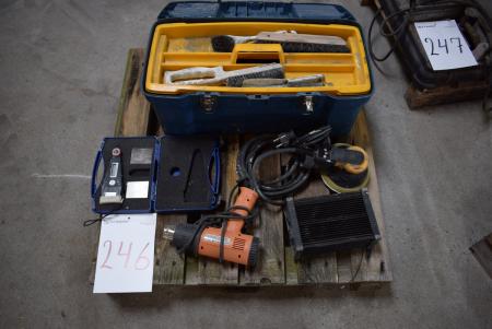 A rotary sander, heat gun, converter, tool box w. Contents etc.