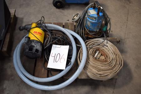 Pallet with 2 pcs. submersible pumps, fire hose, water hose