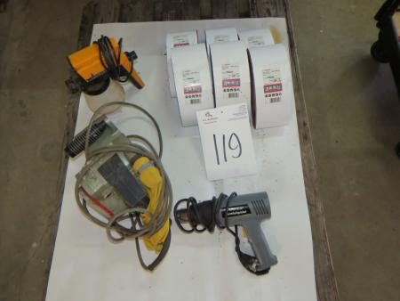 Pallet with bands pads + rolls with abrasive paper + + heat gun Wagner spray