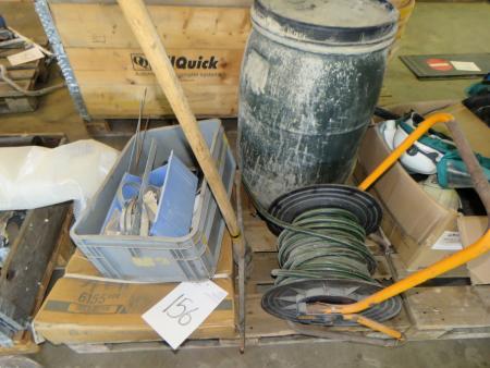 Pallet with Water hose winder, plastic barrel, etc.