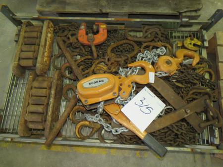 Pallet with various lifting tackle + 6 ton chain hoists