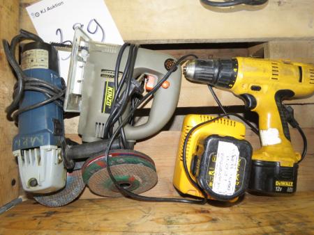 Aku skruemaskine Dewalt med 2 batterier og lader + 2 stk. el værktøj afprøvet OK