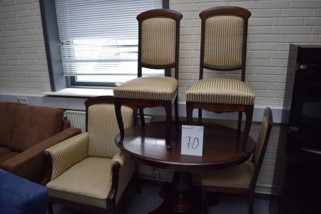 Ovalt bord, B 110 cm + 3 stk. stole + 1 stk. lænestol, stof silke