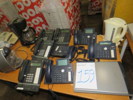 Phones 8 pcs, 1 scanner, 1 electric kettle and 2 coffee machines.
