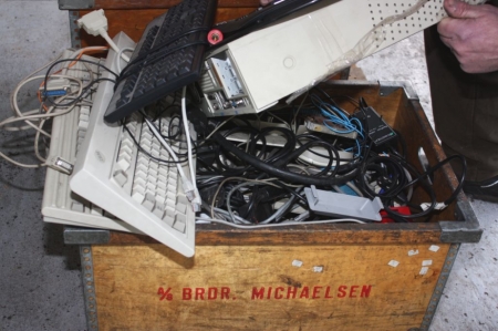 Box containing various telephones, computer parts etc.