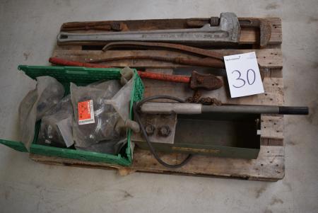Crushing Tester, hose clamps, pipe wrenches