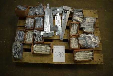 Pallet with div. Hardware, galv. T-hinges, delay rods etc.
