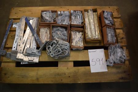 Pallet with div. Hardware, galv. T-hinges, delay rods etc.