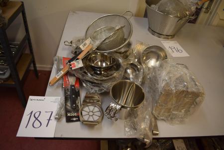 Div. Kitchenware stainless steel strainer, jugs, gravy bowls, etc.
