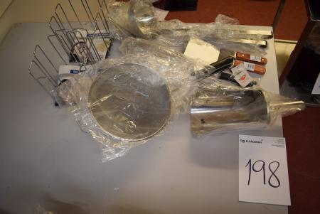 Lot stainless steel cookware, whisk, sieve, soup ladles, etc.